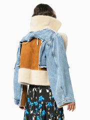 Plush denim stitching biker jacket