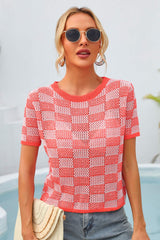 Checkered Short Sleeve Knit Top