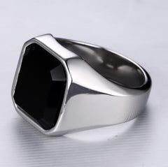 Men's stainless steel black agate ring