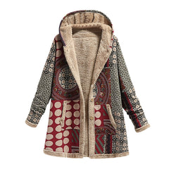 Vintage Printed Fleece Hooded Coat