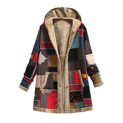 Vintage Printed Fleece Hooded Coat