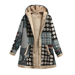 Vintage Printed Fleece Hooded Coat