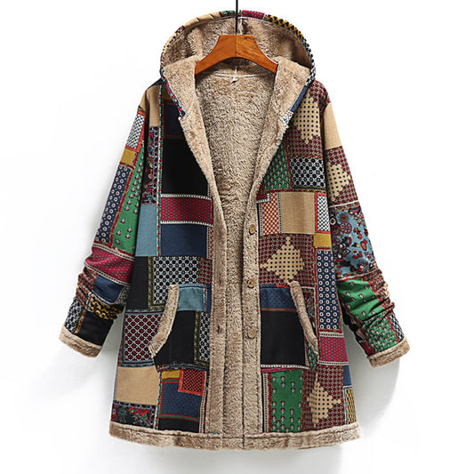 Vintage Printed Fleece Hooded Coat