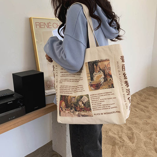 Enchanting Tote: Women's Canvas Alice In Wonderland Bag