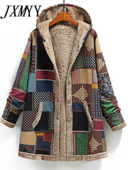 Vintage Printed Fleece Hooded Coat