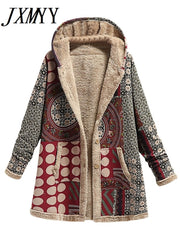 Vintage Printed Fleece Hooded Coat