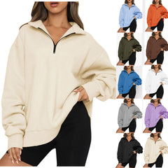 Sweatshirts Zip Turndown Collar Loose Casual Tops