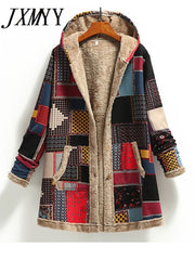 Vintage Printed Fleece Hooded Coat